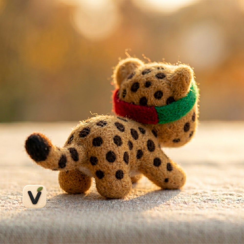 Handmade Wool Felt Leopard Cub with World Cup Headband Figurine – Cute Sports-Themed Decor