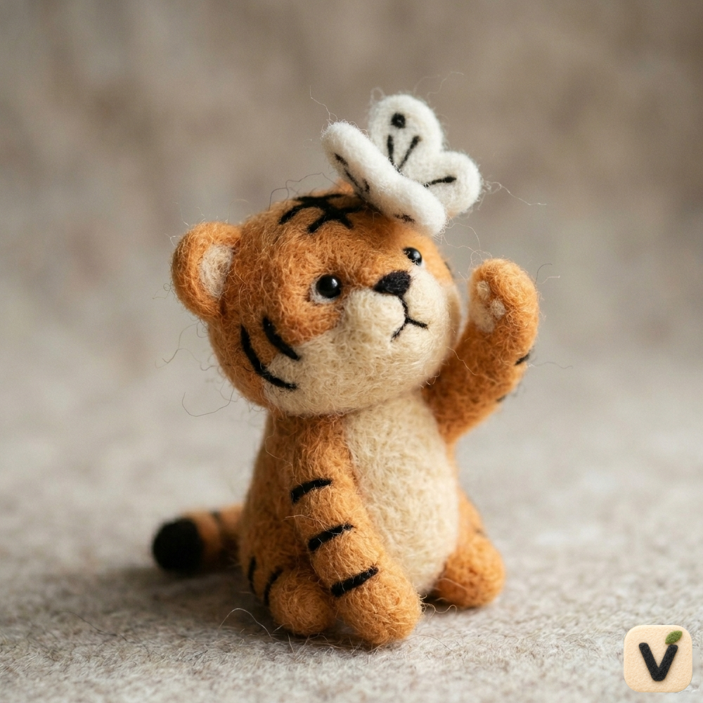 Handmade Wool Felt Tiger Cub with Butterfly Figurine – Cute Whimsical Wildlife Decor
