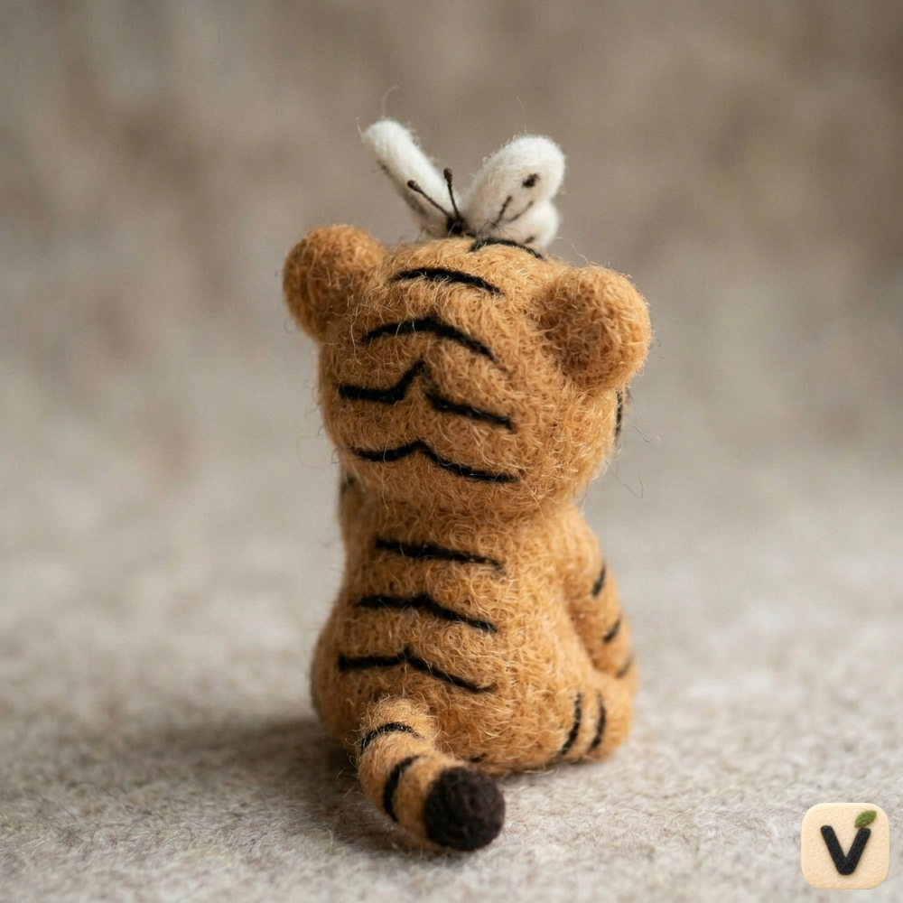 Handmade Wool Felt Tiger Cub with Butterfly Figurine – Cute Whimsical Wildlife Decor