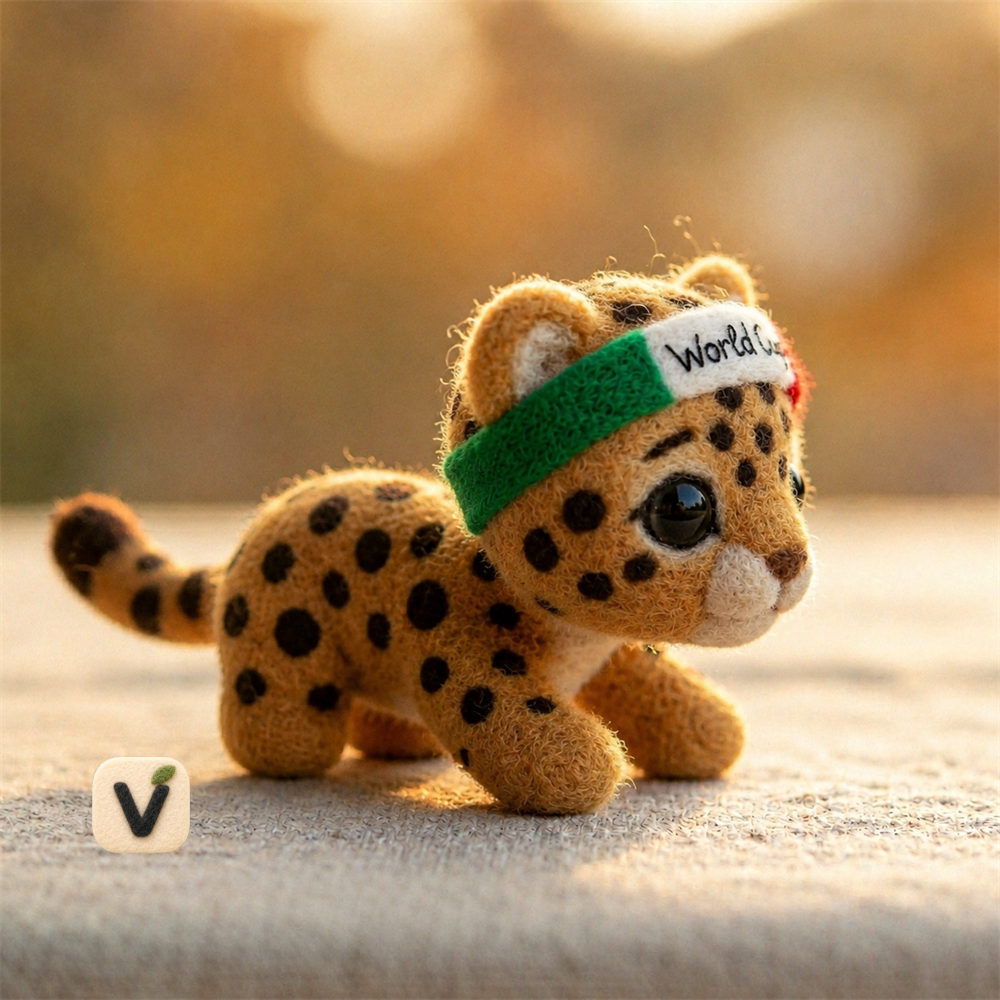 Handmade Wool Felt Leopard Cub with World Cup Headband Figurine – Cute Sports-Themed Decor