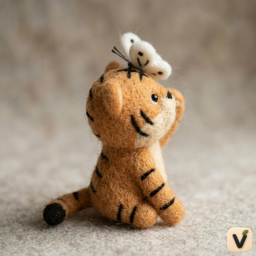 Handmade Wool Felt Tiger Cub with Butterfly Figurine – Cute Whimsical Wildlife Decor