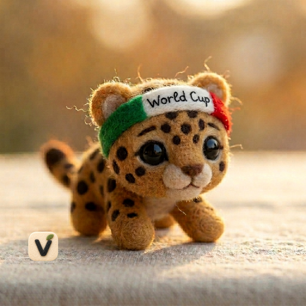 Handmade Wool Felt Leopard Cub with World Cup Headband Figurine – Cute Sports-Themed Decor