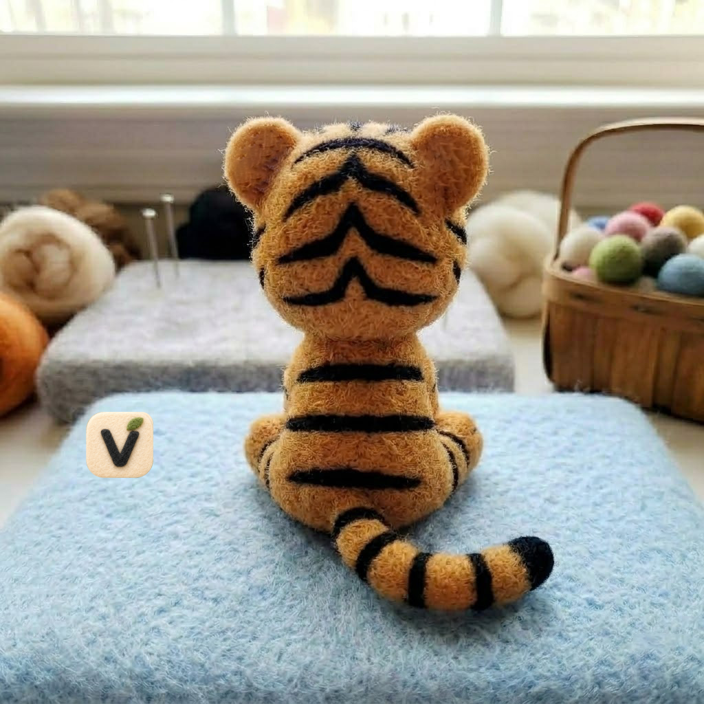Handmade Wool Felt Sitting Tiger Cub Figurine – Cute Whimsical Wildlife Decor