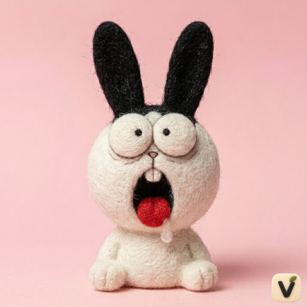 Handmade Wool Felt Funny Yawning Bunny Figurine – Cute Whimsical Cartoon Decor