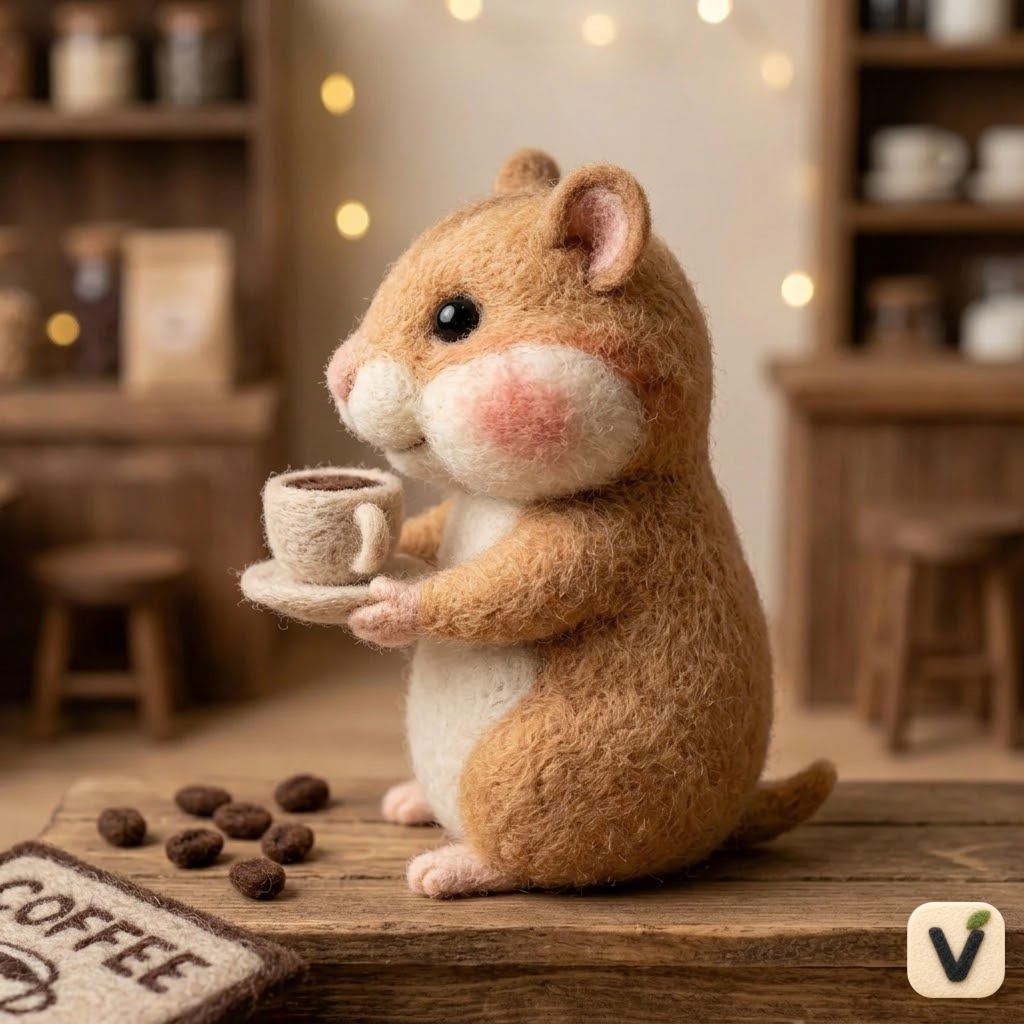Handmade Wool Felt Chubby Hamster Holding Coffee Cup Figurine – Cute Coffee Shop Themed Decor