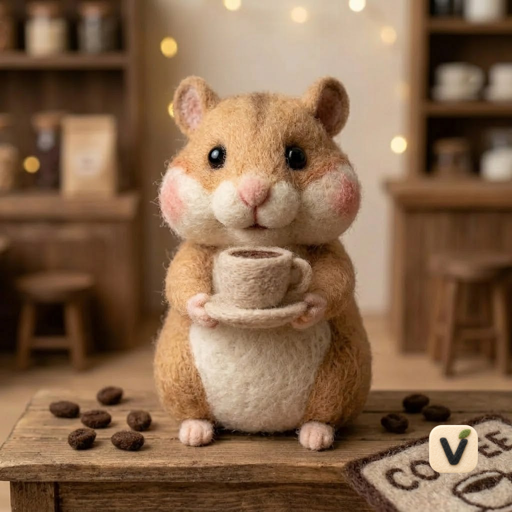 Handmade Wool Felt Chubby Hamster Holding Coffee Cup Figurine – Cute Coffee Shop Themed Decor