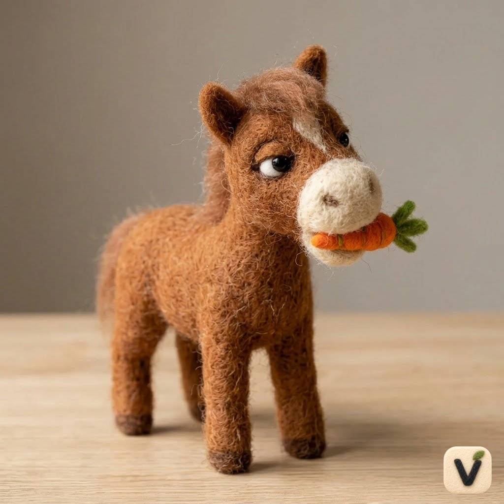 Handmade Wool Felt Brown Pony with Carrot Figurine – Cute Farm Animal Decor