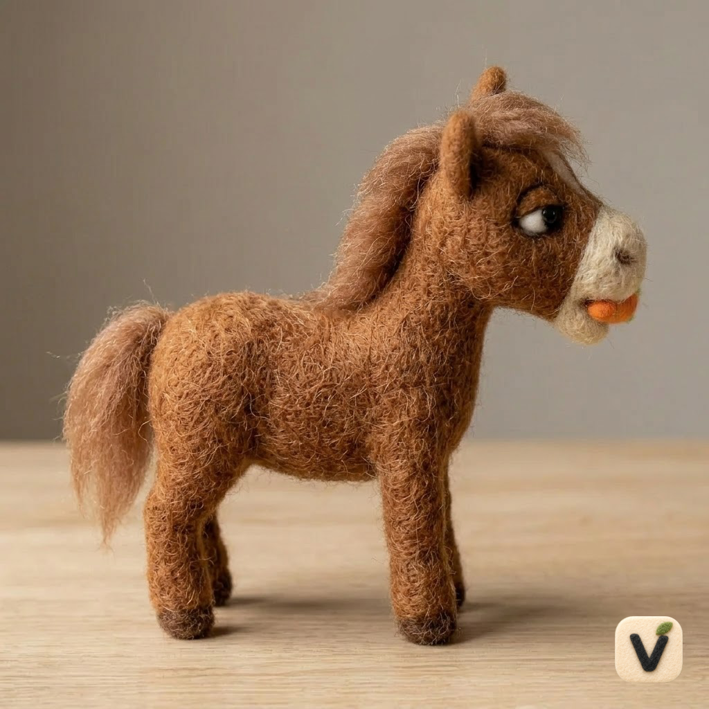 Handmade Wool Felt Brown Pony with Carrot Figurine – Cute Farm Animal Decor