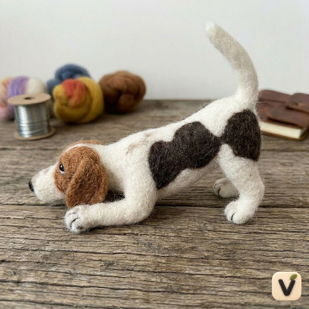 Handmade Wool Felt Playful Beagle Puppy Figurine – Cute Pet Themed Desk Decor