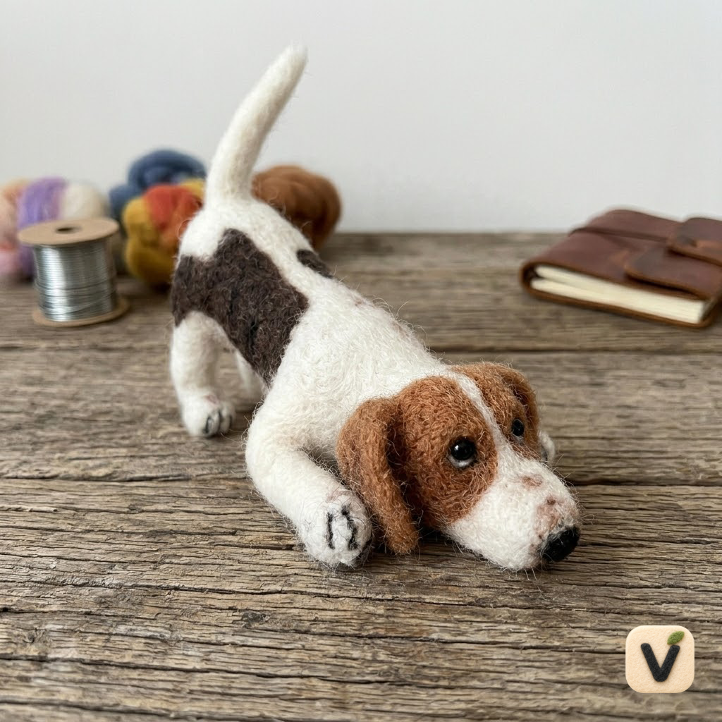Handmade Wool Felt Playful Beagle Puppy Figurine – Cute Pet Themed Desk Decor