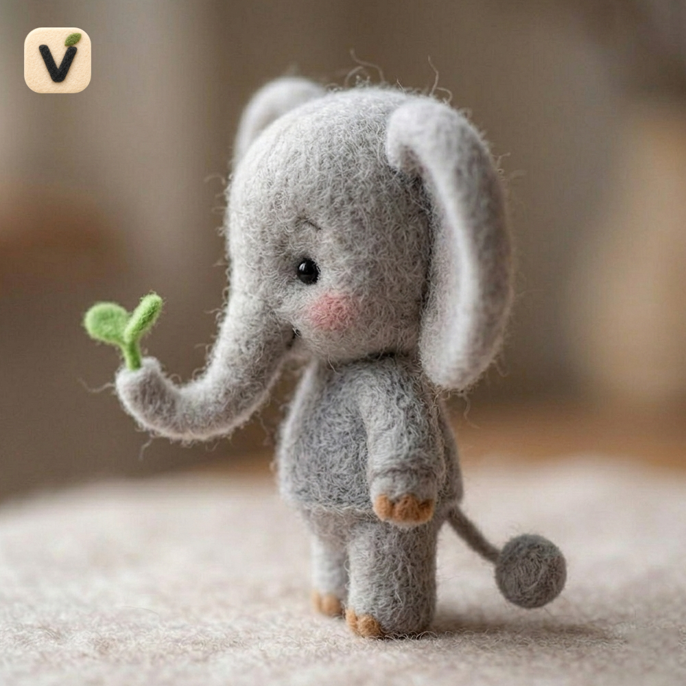 Handmade Wool Felt Cute Baby Elephant with Green Sprout Figurine – Whimsical Nature Decor