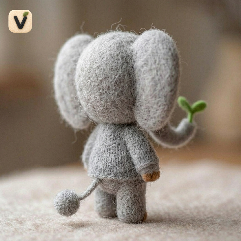 Handmade Wool Felt Cute Baby Elephant with Green Sprout Figurine – Whimsical Nature Decor