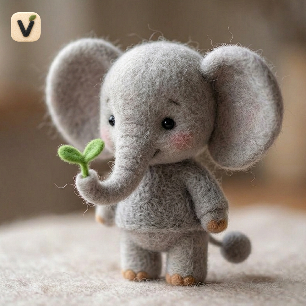 Handmade Wool Felt Cute Baby Elephant with Green Sprout Figurine – Whimsical Nature Decor