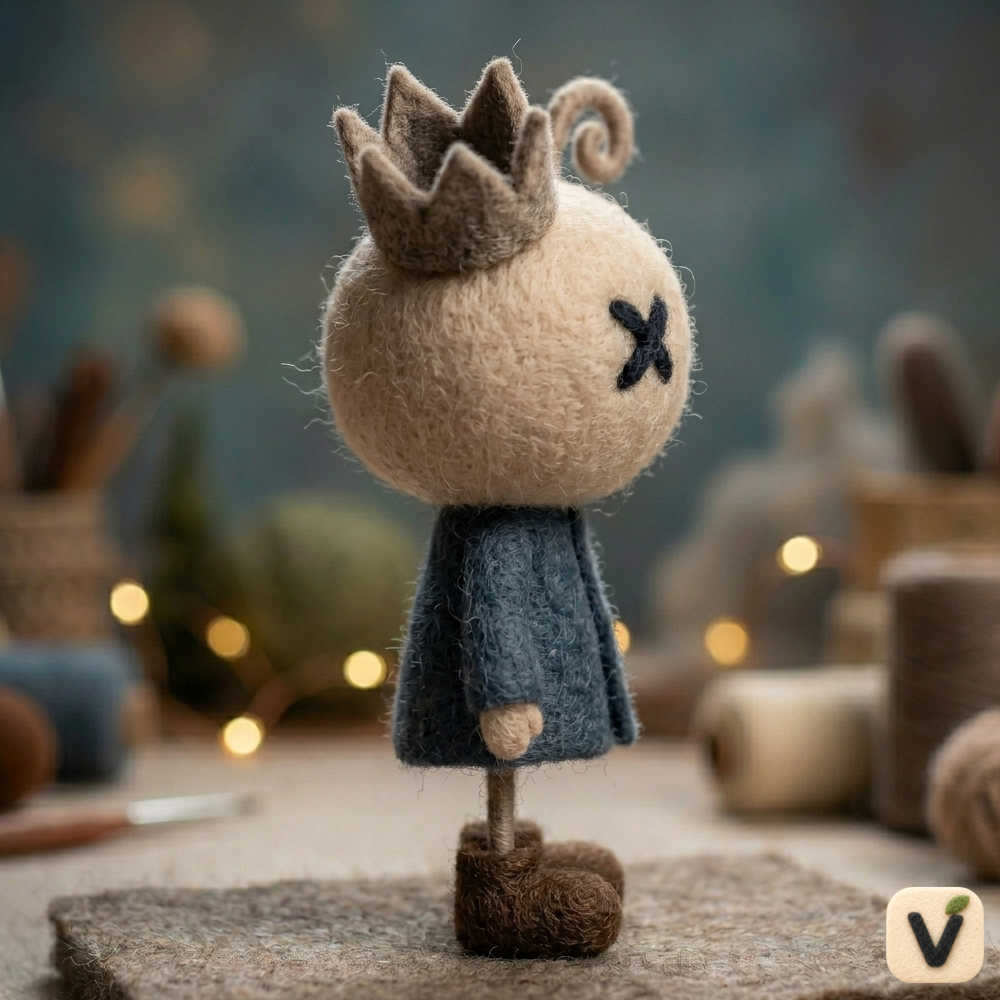Handmade Wool Felt Crown Doll with X-Shaped Eyes Figurine – Whimsical Gothic Style Decor