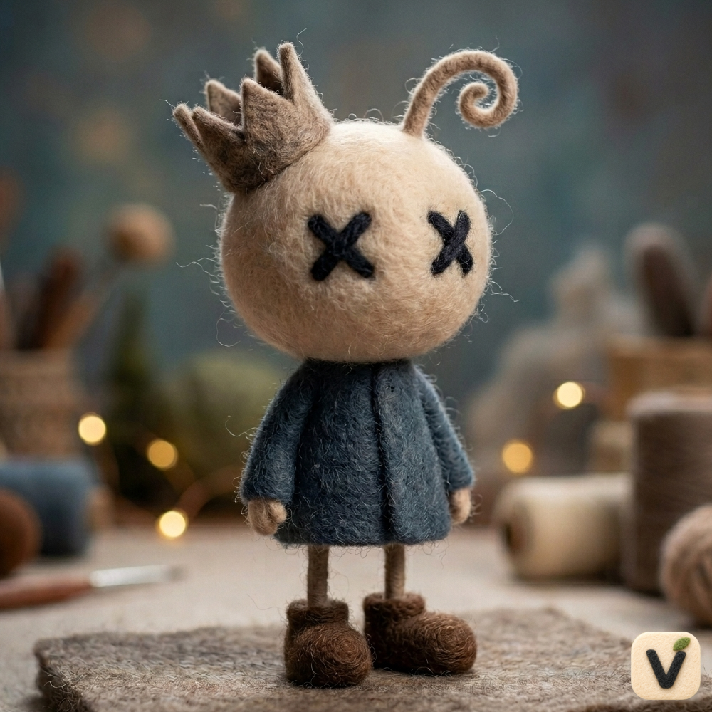 Handmade Wool Felt Crown Doll with X-Shaped Eyes Figurine – Whimsical Gothic Style Decor