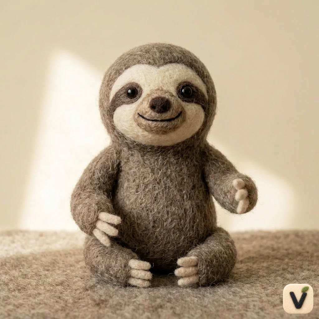 Handmade Wool Felt Smiling Sitting Sloth Figurine – Cute Rainforest Animal Decor