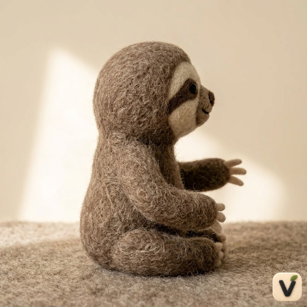 Handmade Wool Felt Smiling Sitting Sloth Figurine – Cute Rainforest Animal Decor