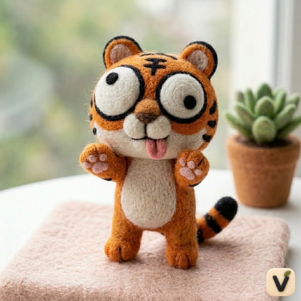 Handmade Wool Felt Big-Eyed Cheeky Tiger Cub Figurine – Cute Cartoon Wildlife Decor