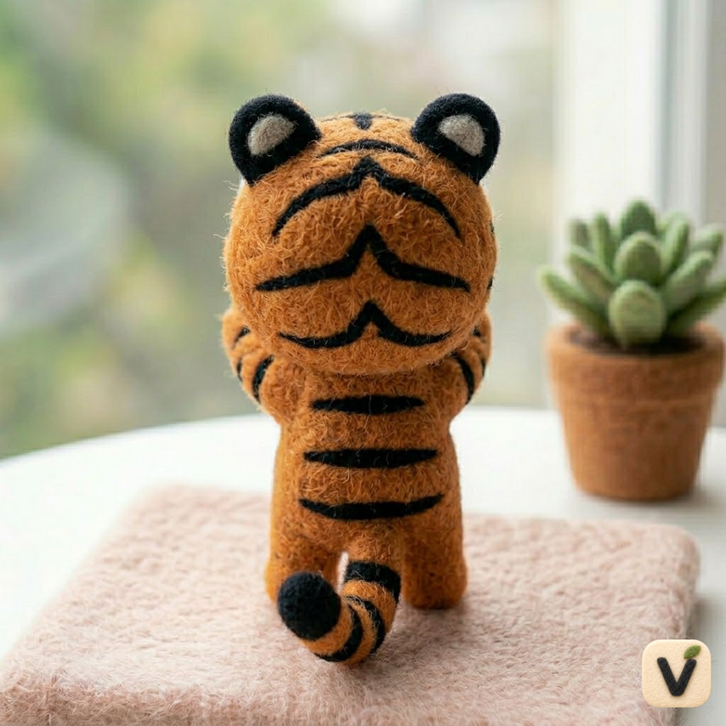 Handmade Wool Felt Big-Eyed Cheeky Tiger Cub Figurine – Cute Cartoon Wildlife Decor