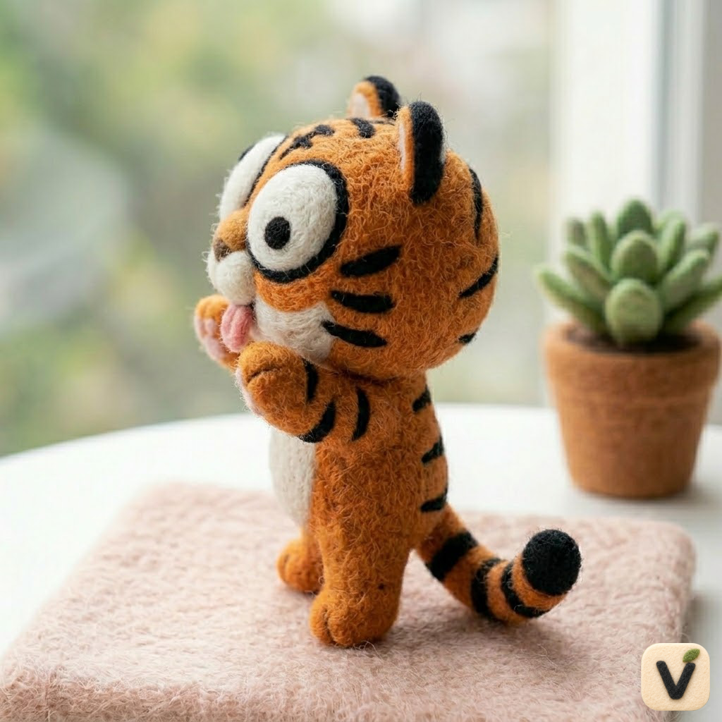 Handmade Wool Felt Big-Eyed Cheeky Tiger Cub Figurine – Cute Cartoon Wildlife Decor
