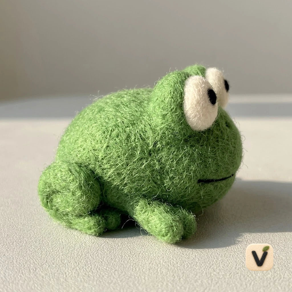Handmade Wool Felt Cute Green Frog Figurine – Whimsical Miniature Desk Decor