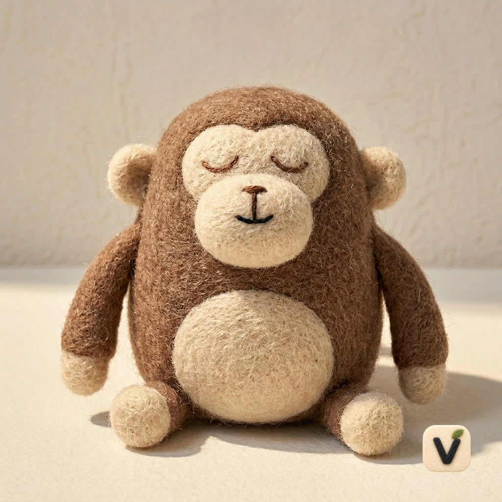 Handmade Wool Felt Sleepy Monkey Figurine – Cute Cozy Mini Decor