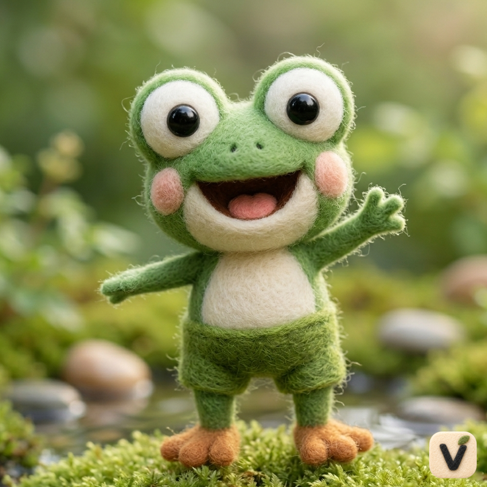 Handmade Wool Felt Cheerful Waving Green Frog Figurine – Cute Forest Nature Decor