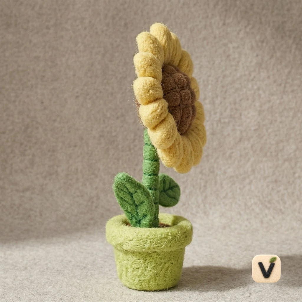 Handmade Wool Felt Potted Sunflower Figurine – Whimsical Everlasting Floral Decor