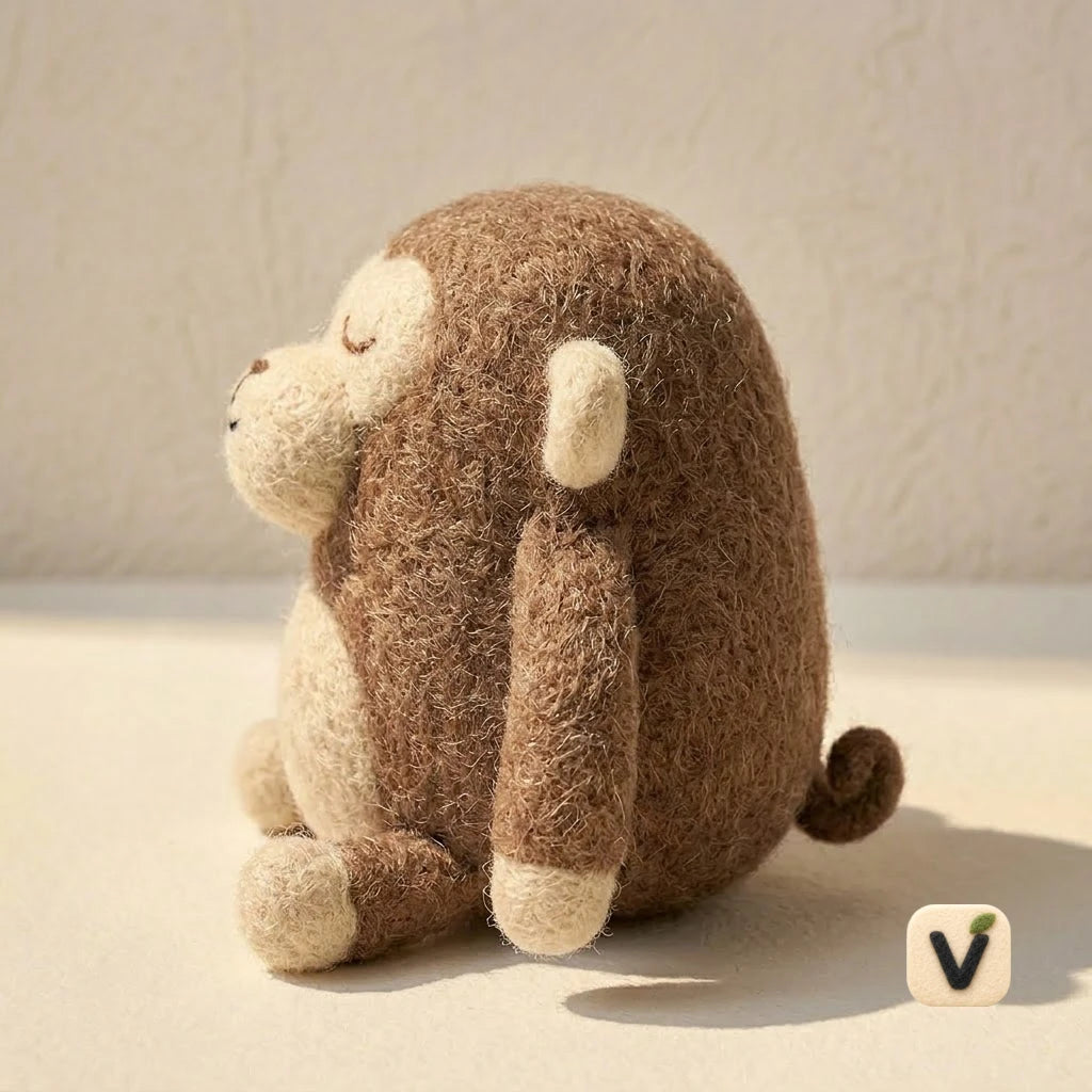 Handmade Wool Felt Sleepy Monkey Figurine – Cute Cozy Mini Decor