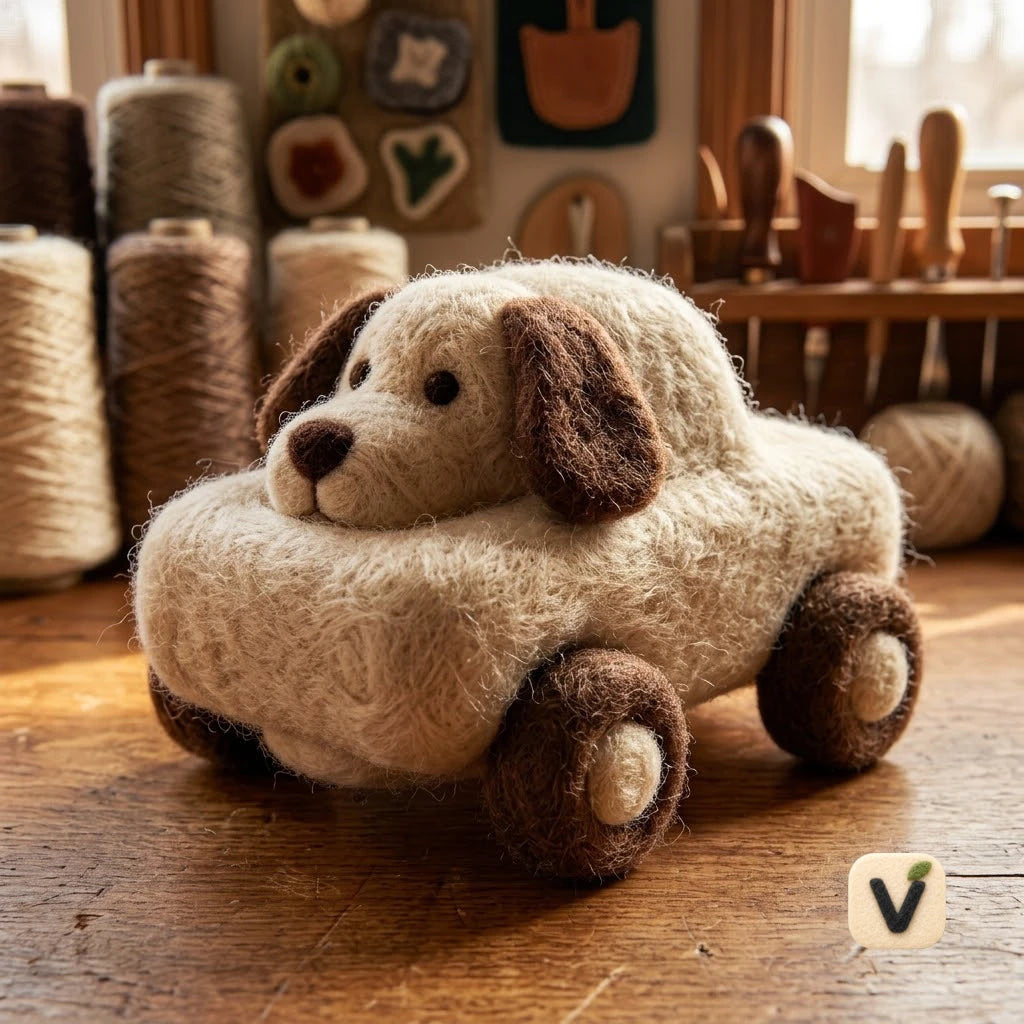 Handmade Wool Felt Dog-Shaped Car Figurine – Cute Whimsical Mini Decor