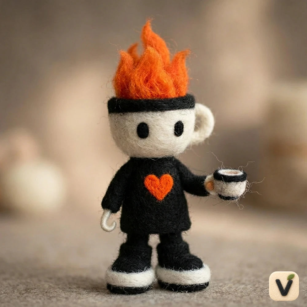 Handmade Wool Felt Coffee Cup Character with Fire Hair Figurine – Quirky Whimsical Decor