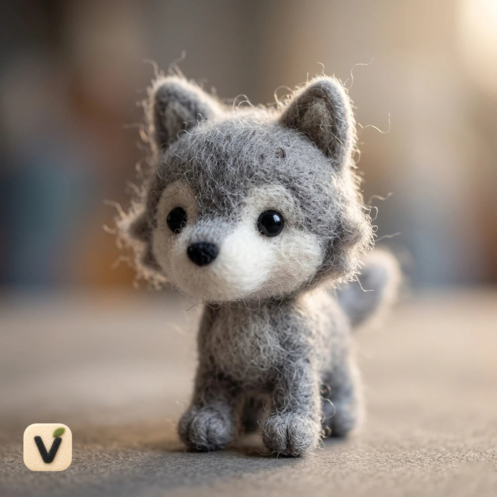 Handmade Wool Felt Grey Wolf Pup Figurine – Cute Mini Wildlife Decor
