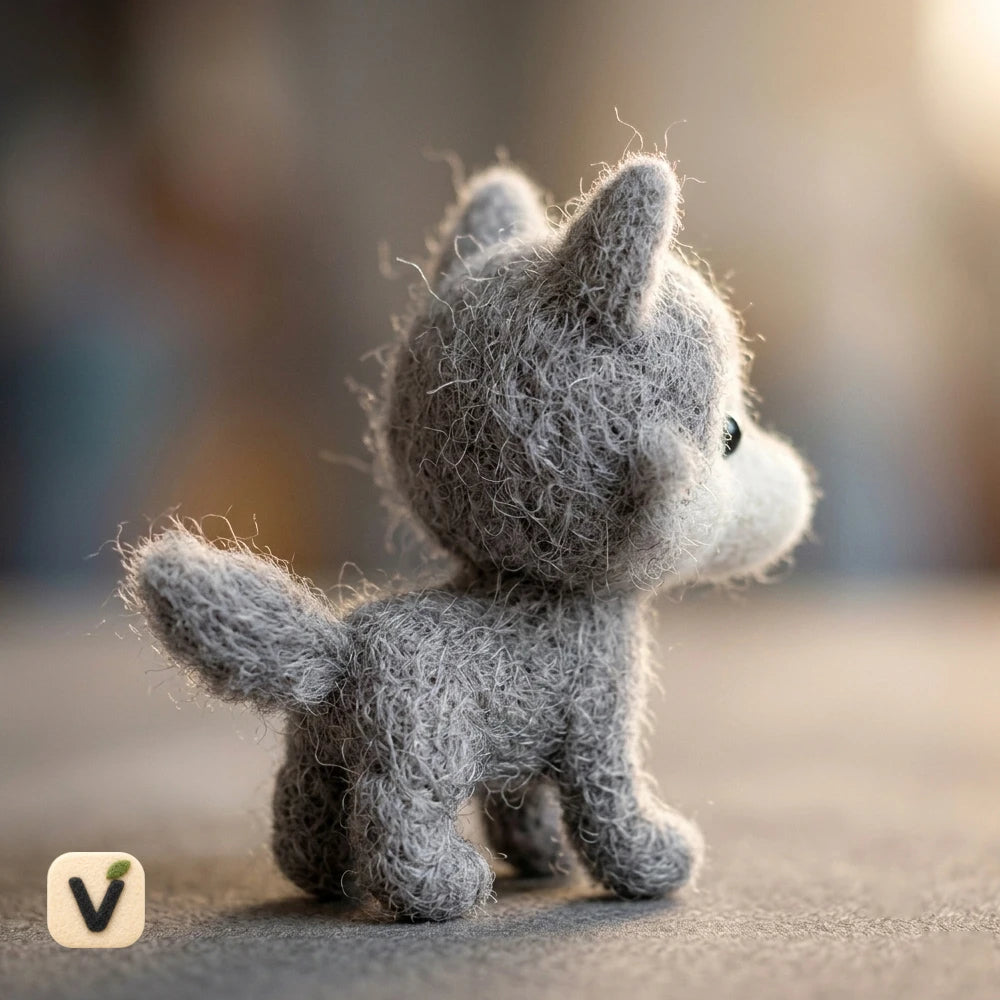 Handmade Wool Felt Grey Wolf Pup Figurine – Cute Mini Wildlife Decor