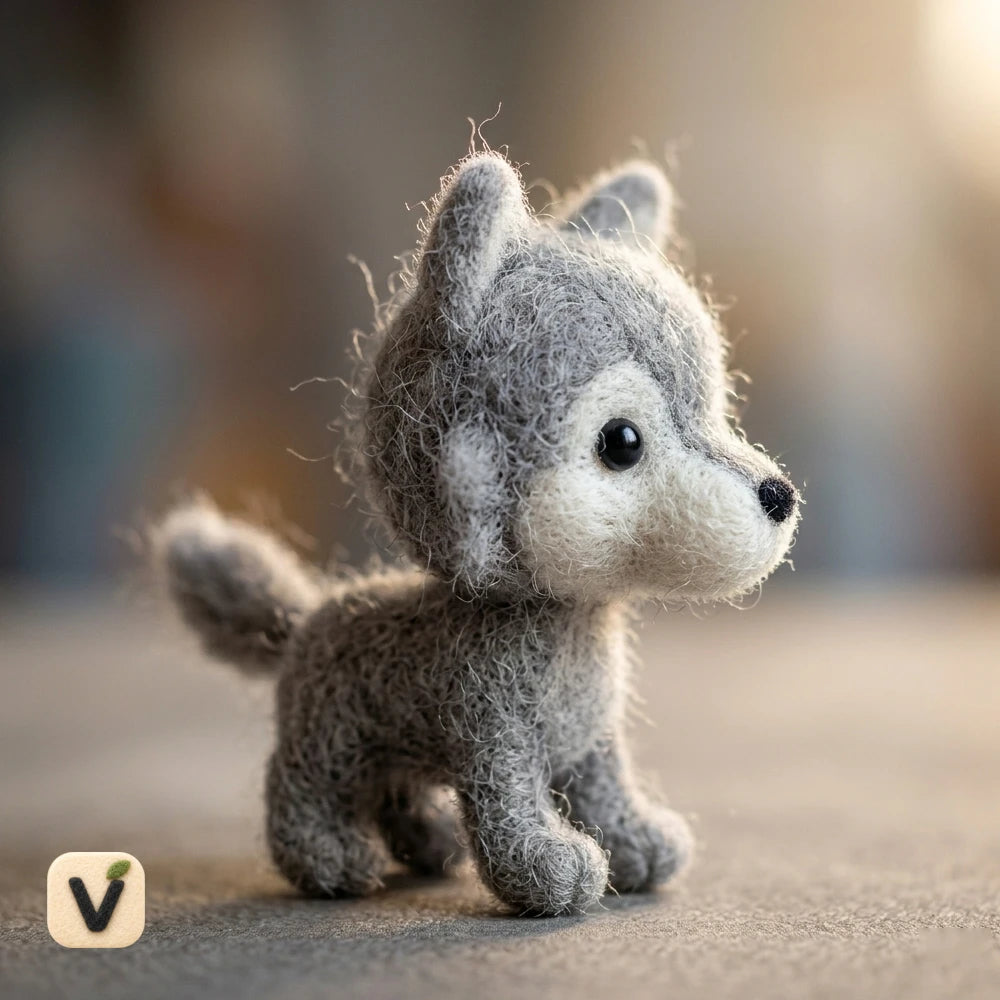 Handmade Wool Felt Grey Wolf Pup Figurine – Cute Mini Wildlife Decor