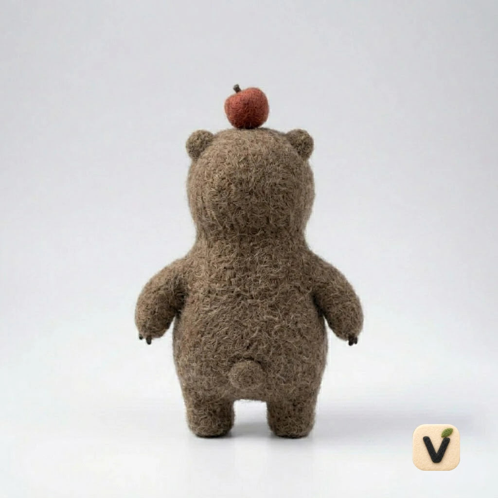Handmade Wool Felt Brown Bear with Apple on Head Figurine – Cute Whimsical Woodland Decor