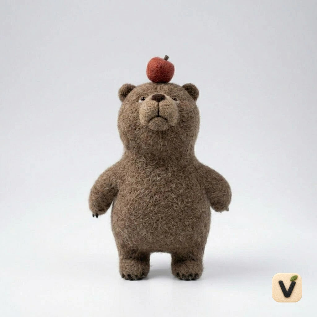 Handmade Wool Felt Brown Bear with Apple on Head Figurine – Cute Whimsical Woodland Decor