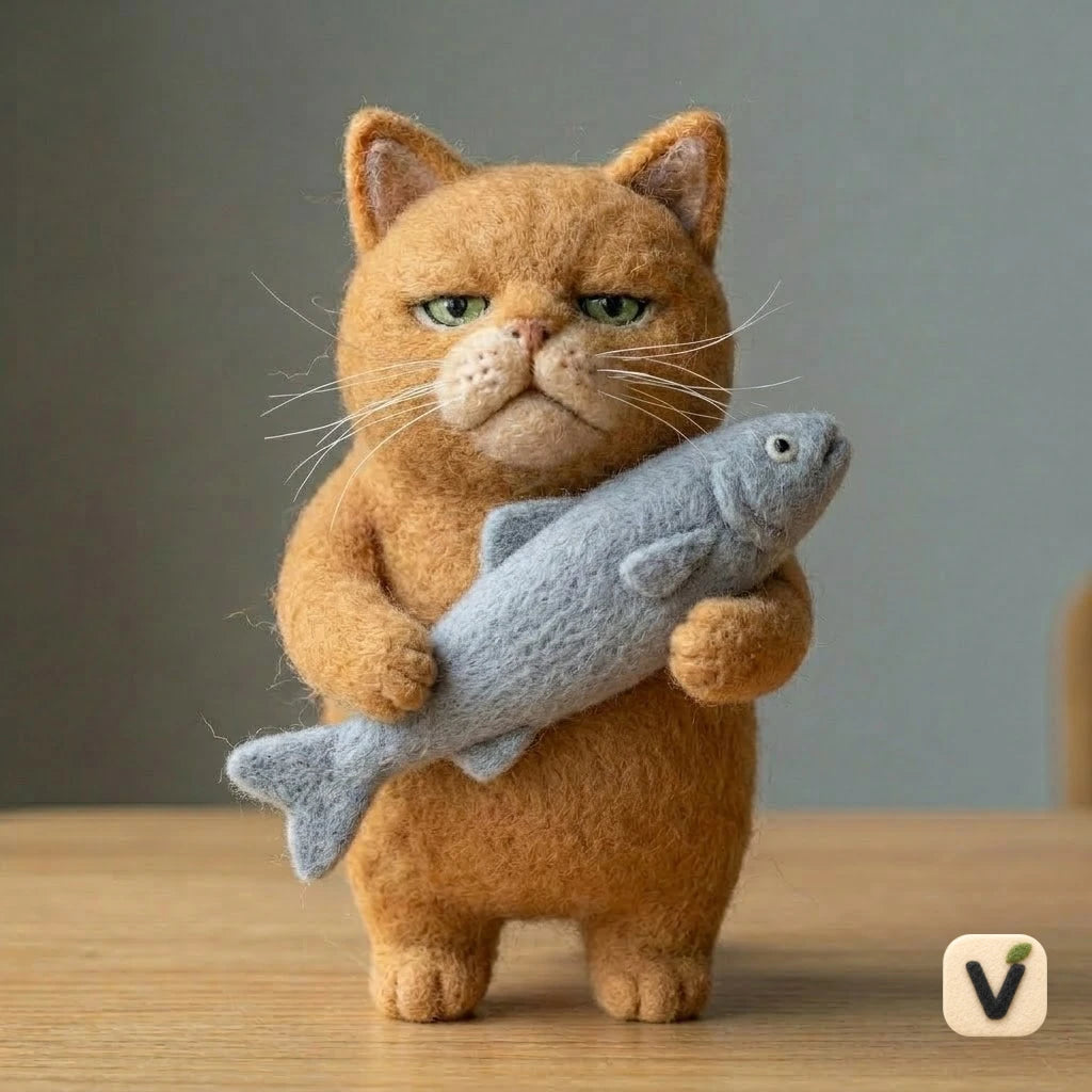 Handmade Wool Felt Grumpy Orange Cat with Fish Figurine – Cute Whimsical Pet Decor