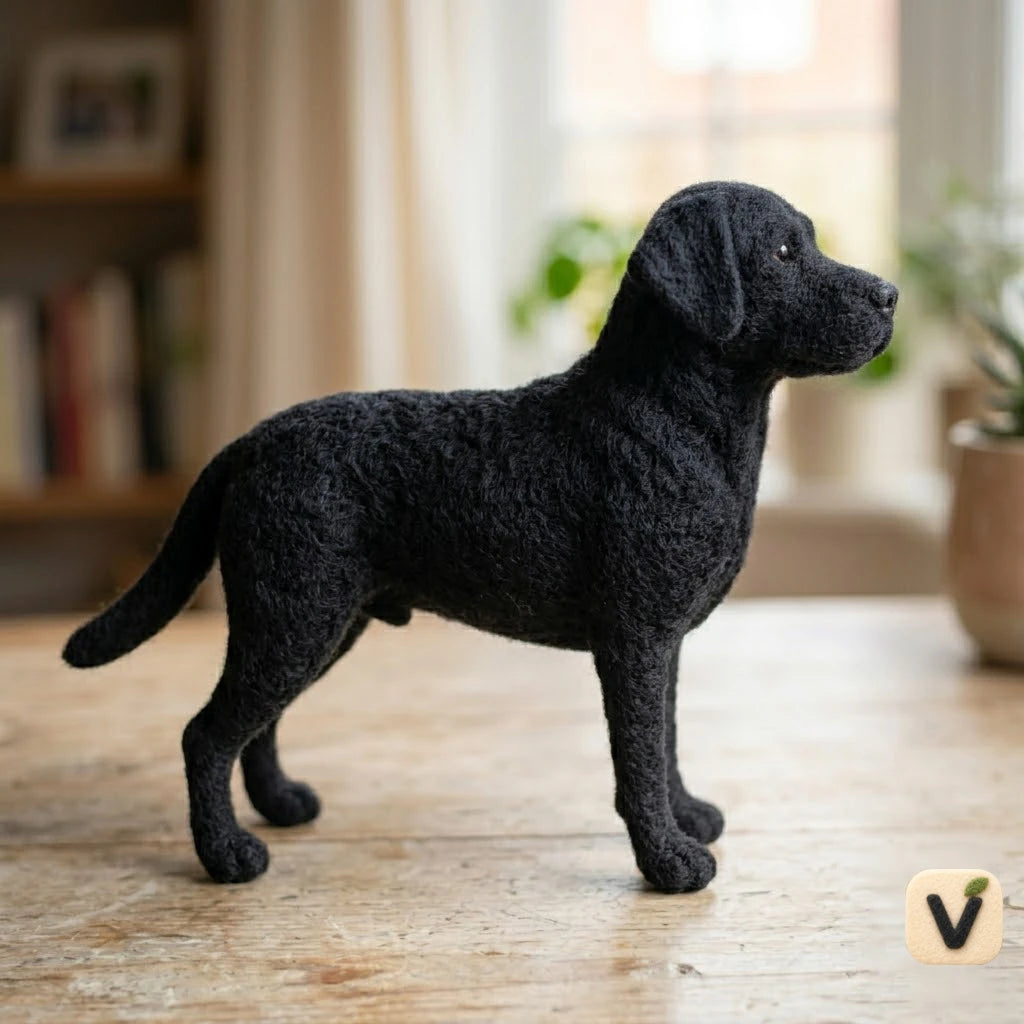 Handmade Wool Felt Black Labrador Retriever Figurine – Realistic Dog Decor