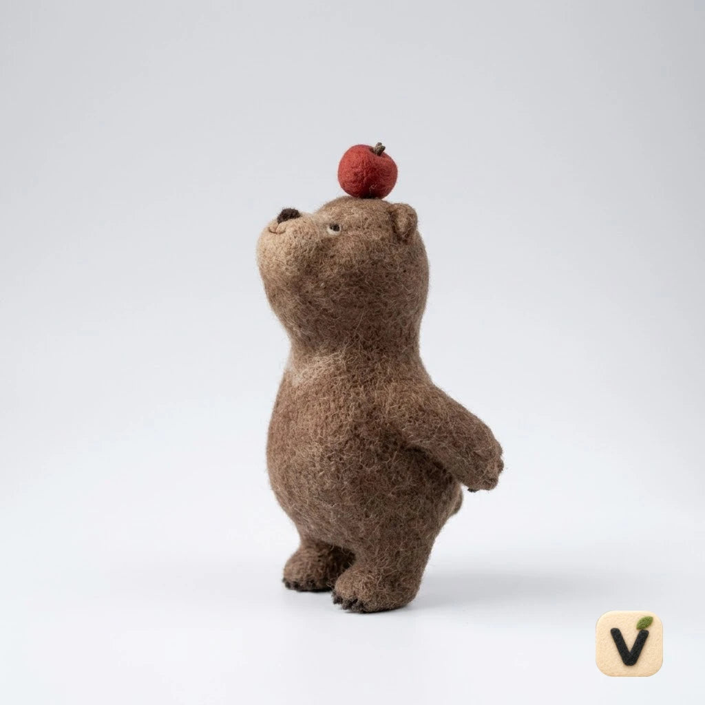 Handmade Wool Felt Brown Bear with Apple on Head Figurine – Cute Whimsical Woodland Decor