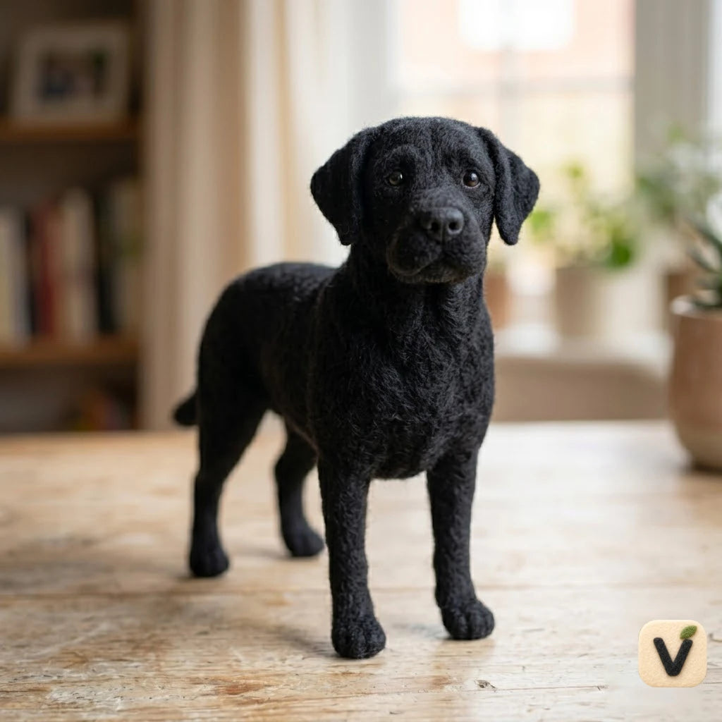 Handmade Wool Felt Black Labrador Retriever Figurine – Realistic Dog Decor
