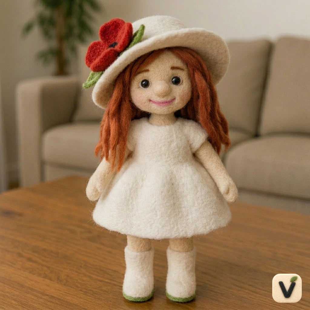 Handmade Wool Felt Red-Haired Girl Doll with Poppy Flower Hat Figurine – Cute Whimsical Decor