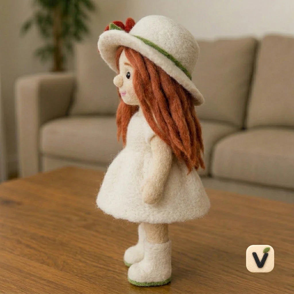 Handmade Wool Felt Red-Haired Girl Doll with Poppy Flower Hat Figurine – Cute Whimsical Decor