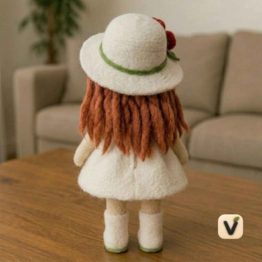 Handmade Wool Felt Red-Haired Girl Doll with Poppy Flower Hat Figurine – Cute Whimsical Decor