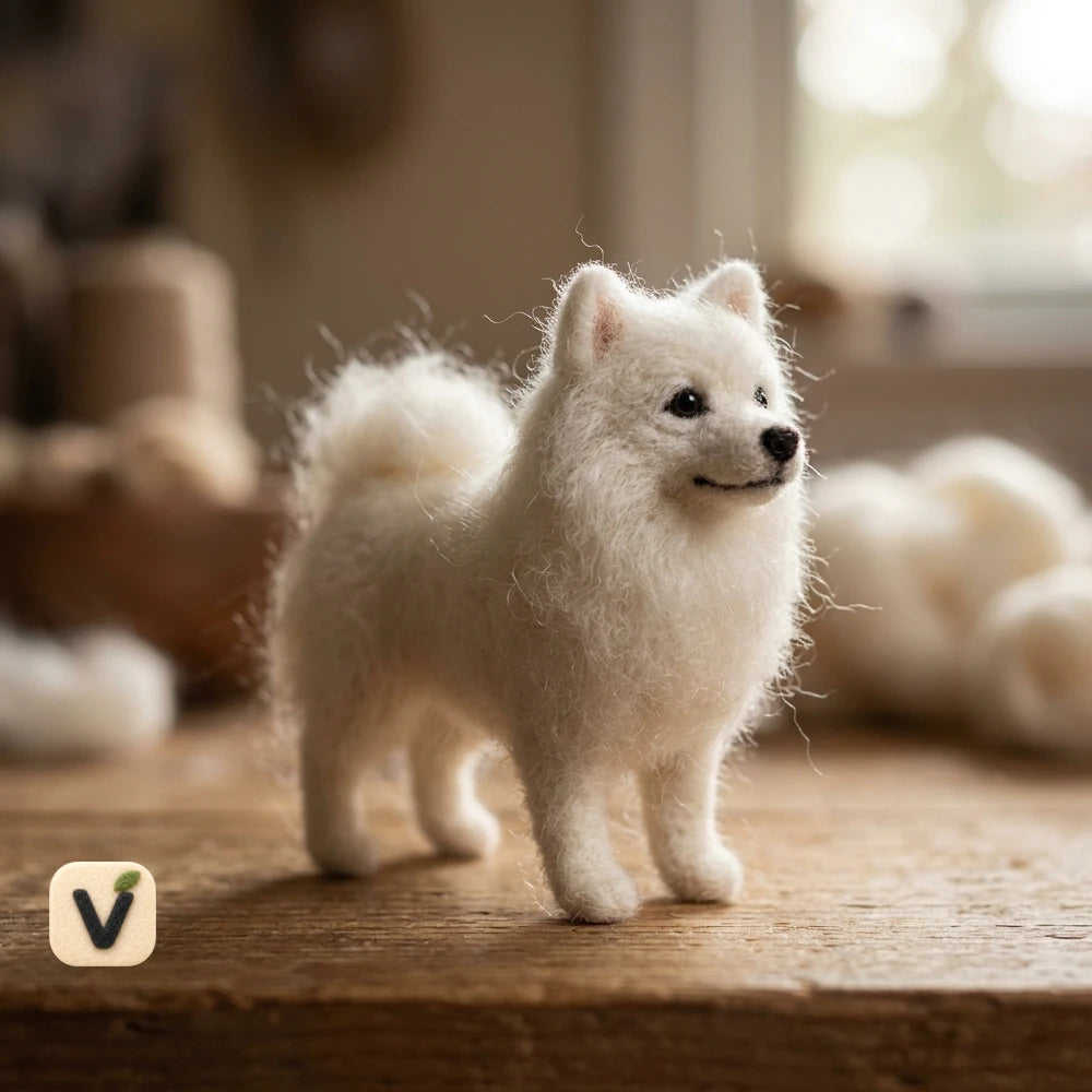 Handmade Wool Felt White Spitz/Pomeranian Dog Figurine – Realistic Fluffy Pet Decor