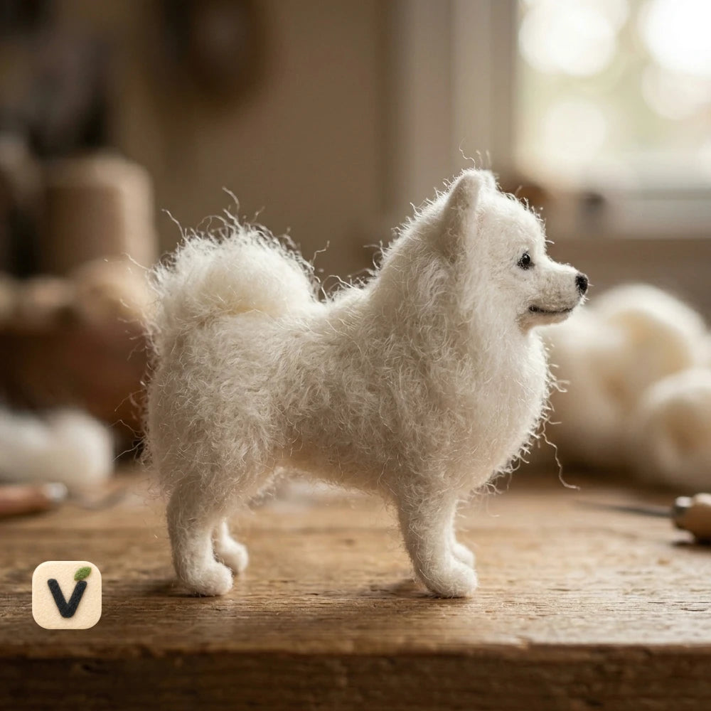 Handmade Wool Felt White Spitz/Pomeranian Dog Figurine – Realistic Fluffy Pet Decor