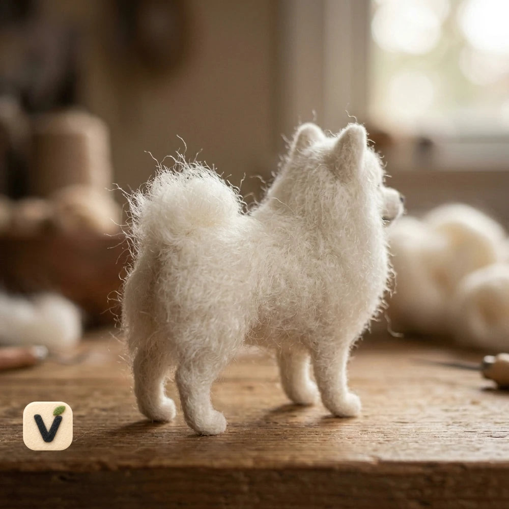 Handmade Wool Felt White Spitz/Pomeranian Dog Figurine – Realistic Fluffy Pet Decor