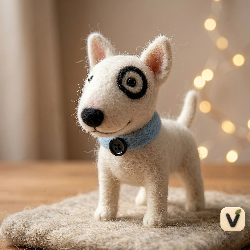 Handmade Wool Felt Bull Terrier Dog Figurine with Blue Collar – Cute Whimsical Pet Decor