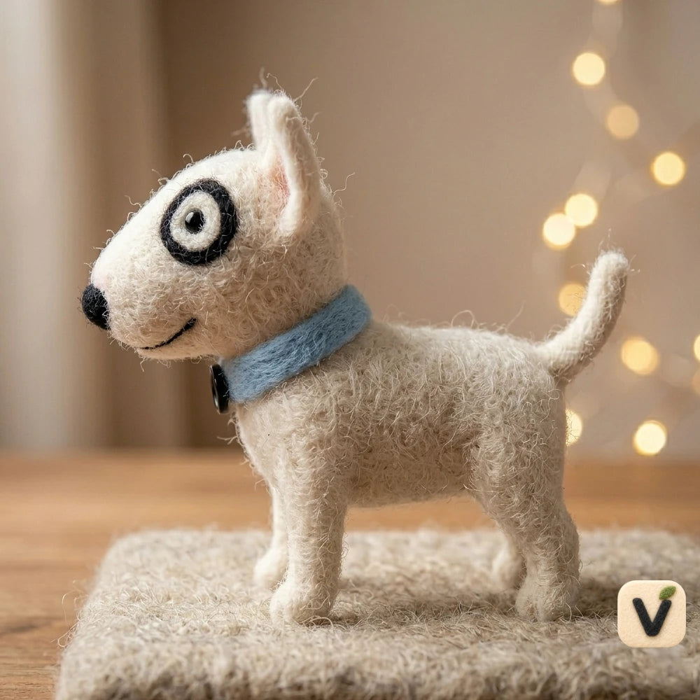 Handmade Wool Felt Bull Terrier Dog Figurine with Blue Collar – Cute Whimsical Pet Decor