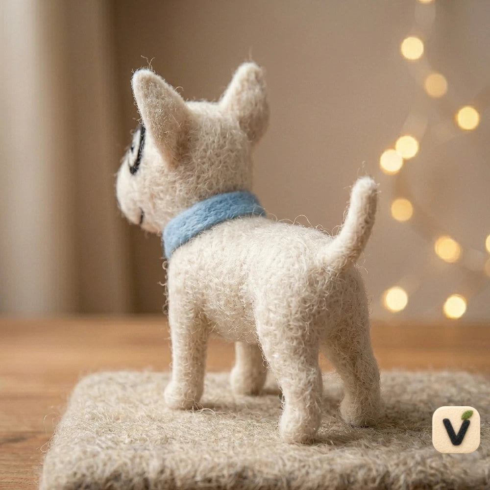 Handmade Wool Felt Bull Terrier Dog Figurine with Blue Collar – Cute Whimsical Pet Decor