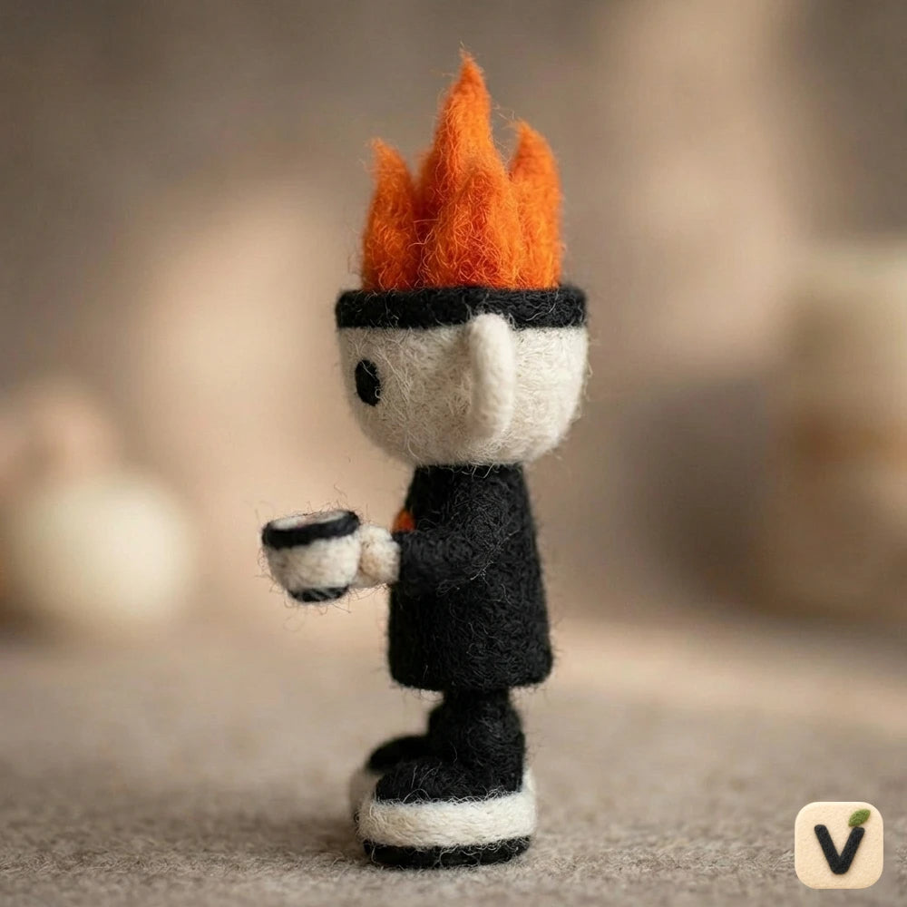 Handmade Wool Felt Coffee Cup Character with Fire Hair Figurine – Quirky Whimsical Decor